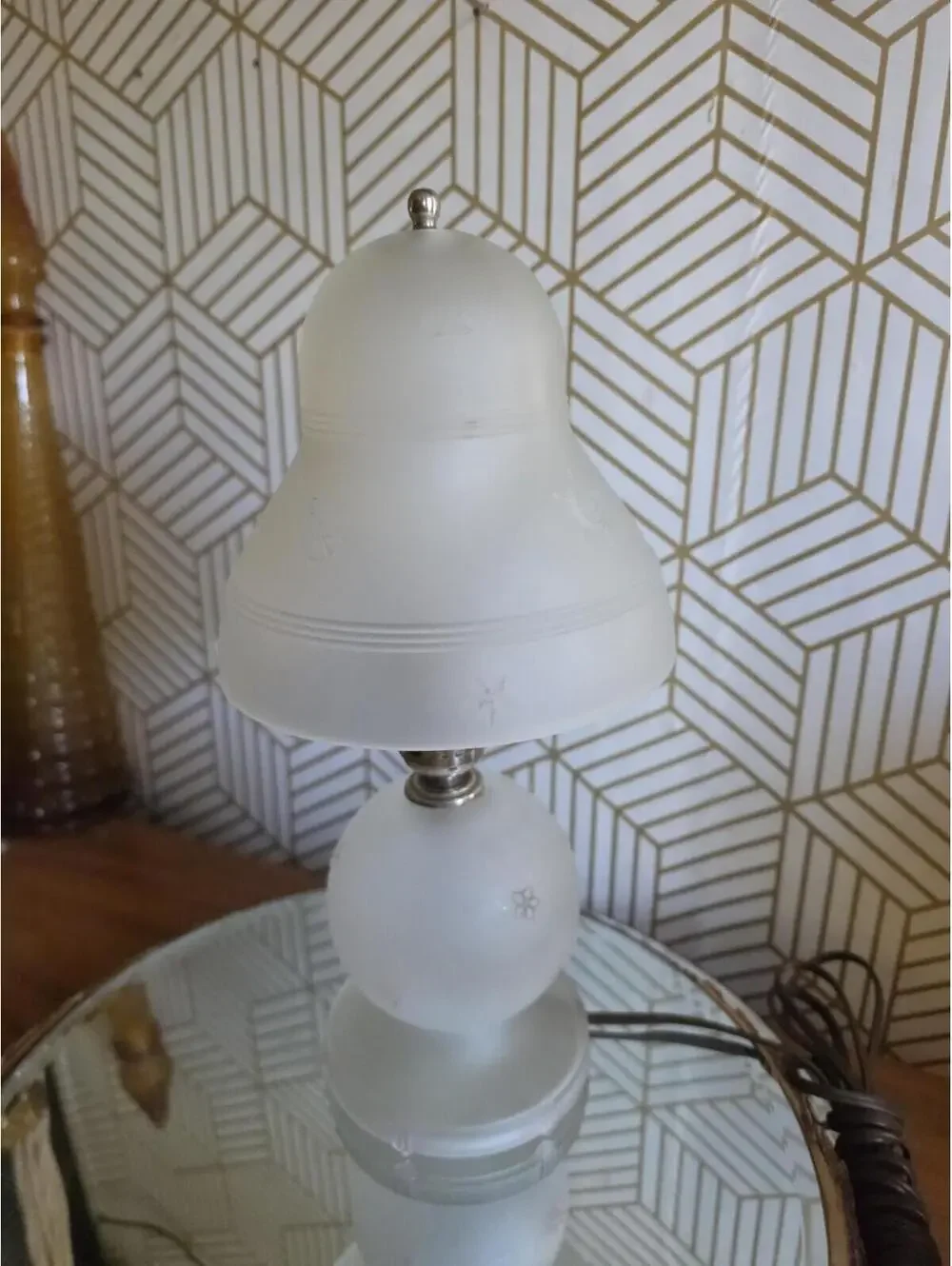 Antique Art Deco Frosted Glass Petite Anchor Nautical Lamp w Glass Bell Shade